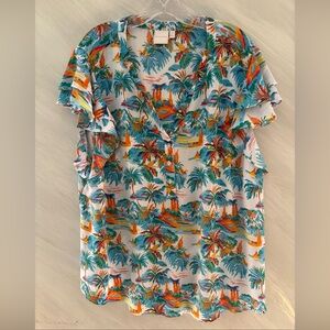 Zac & Rachel 3X Multicolored Beachy V-Neck Fluttered Sleeves Blouse Coastal